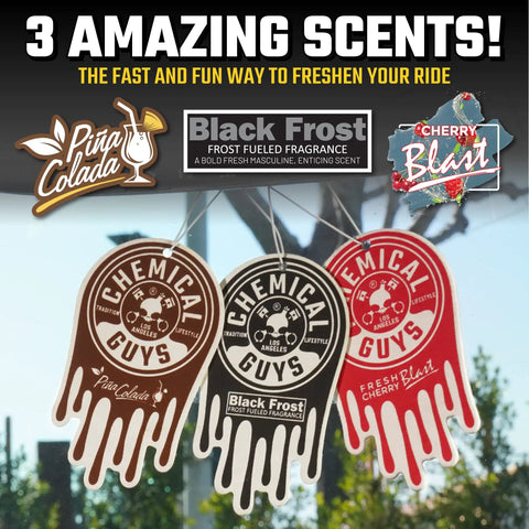 Arsenal Builder Pro Grade 8 Piece Car Wash Kit With Bucket And Chemicals For A Full Detailing Setup Includes Dirt Trap Bucket Lid Microfiber Wash Mitt Air Fresheners And Three 16 Ounce Car Care Solutions featuring three air fresheners: Piña Colada, Black Frost, and Cherry Blast.