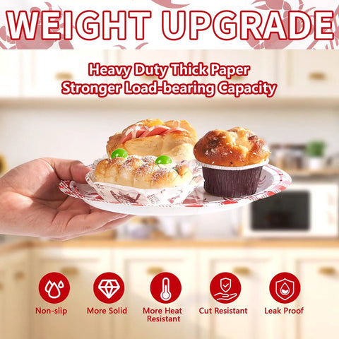 Heavy Duty 50 Pack Crab Boil Paper Plates 9 Inch Round Disposable Dinnerware with baked goods in hand in kitchen setting.