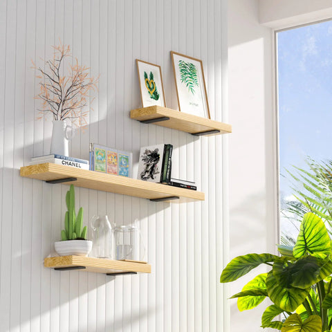 Rustic shelves installed with Six Pack 6 Inch Floating Shelf Brackets Built Tough Heavy Duty Hidden L Brackets For DIY Rustic Industrial Shelves.