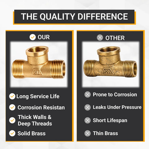 Brass pipe tee 1/2" M x 1/2" F x 1/2" M; left polished, right corroded, plumbing fittings comparison