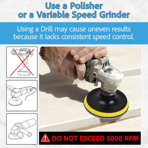 Using a polisher with 5 Inch Diamond Polishing Pads Wet Dry Set for Marble Quartz Granite Concrete, 8 Piece Kit With Grit Range 50 to 3000