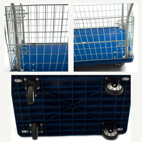 Heavy Duty Platform Truck Cart With Three Sided Steel Fence And 660 Pound Capacity Measures 23 By 35 Inches showing blue polypropylene deck and steel side rails.