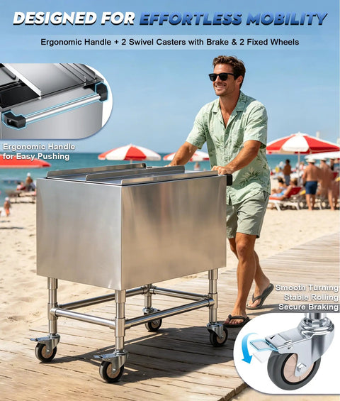 Man pushing Mobile Ice Bin 26 By 20 Inch With Sliding Lid Insulated Stainless Steel Ice Chest On Casters at the beach.