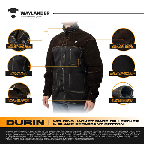 Split Cowhide Leather Welding Jacket With Lined Sleeves And Flame Resistant Cotton Body For Serious Heat Protection A Real Workhorse Built For Heavy Duty Welders Who Need Comfort And Fit From XS To 5XL, front view showing material features