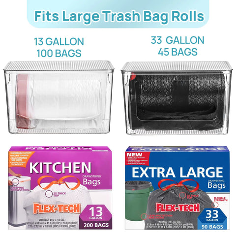 No Fuss Stackable Trash Bag Dispenser 2 Pack Clear Plastic Garbage Holder with trash bag rolls displayed. Compact design.