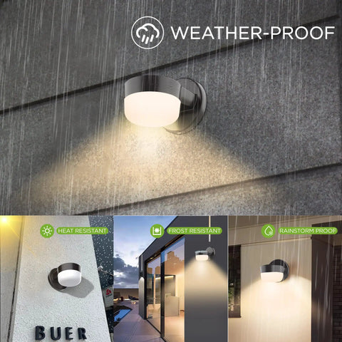 Ultra Efficient 12W 1000LM Outdoor LED Wall Light Sconce mounted on wall, emitting warm light, shown as weatherproof with rain effect