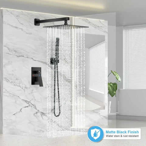Top Shelf Matte Black Rain Shower Set With Heavy Duty Solid Brass Mixing Valve And 10 Inch Round Head for a modern bathroom setup.