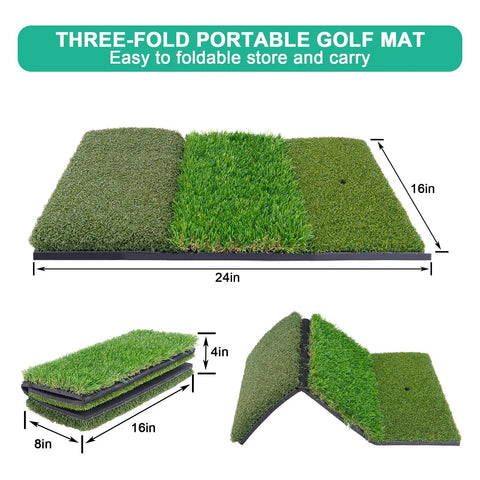 Tri Turf Golf Hitting Mat 24 By 24 Inch Portable Practice Mat for Indoor and Outdoor Use folded and unfolded views.