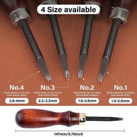 Top Shelf Leather Edge Beveler Set including four sizes of high carbon steel skiving knives with smooth wood handles.