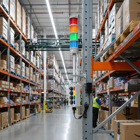 Slick Four Stack Led Andon Tower Light For Busy Factory Floors And Production Lines With Bright Status Alerts And Dead Reliable Performance For Tough Workshop Rigs mounted in warehouse aisle with colorful LED indicators.