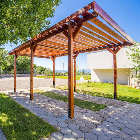 Wooden pergola structure with 4 Pack Heavy Duty Concrete Post Anchors For 4x4 And 4x6 Posts, Solid Steel Fence Post Base installed on patio