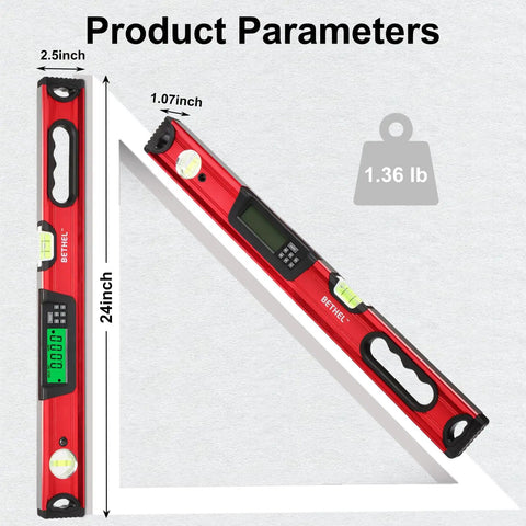 Heavy Duty Digital Torpedo Level Featuring Real Deal Precision For Dead On Angles And Seriously Strong Magnet Hold That Never Drops Its Plumb Point On Any Grindy Job Site, 24 inch red design with digital display.