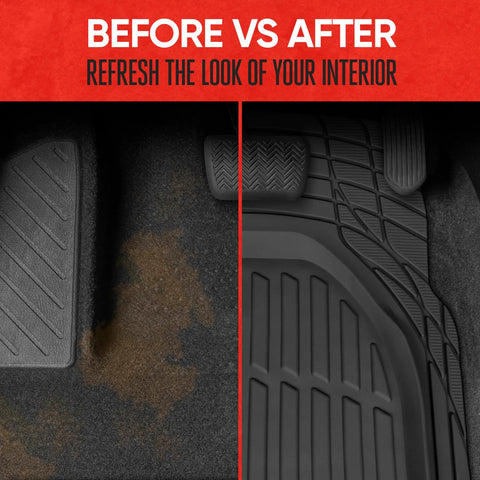 Before and after image showing Premium Quality Heavy Duty Hella Durable All Weather Floor Mats in black rubber for cars.