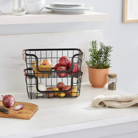 Real Deal Stackable Metal Wire Storage Baskets With Rose Gold Handles Keep Your Whole Place Sparkling Stands Rock Solid On Countertops And Pantry Cabinets Set Of Two Black with vegetables on kitchen counter.