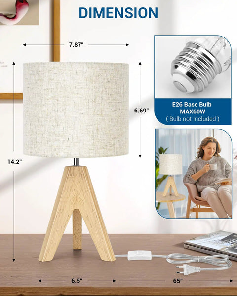 Boho Wood Tripod Table Lamp With Linen Fabric Shade For Nightstand Or Bedside Use Cozy Warm Glow For Living Room Bedroom Nursery Or Kids Room Fourteen Point Two Inch Tall With Simple On Off Switch with dimensions and plug shown