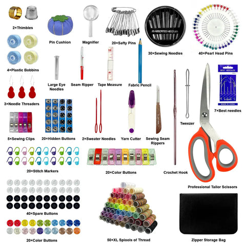 All-In-One Sewing Kit For Adults And Beginners, 295-Piece Pro-Grade Portable Mending Set With Ergonomic Scissors on display.