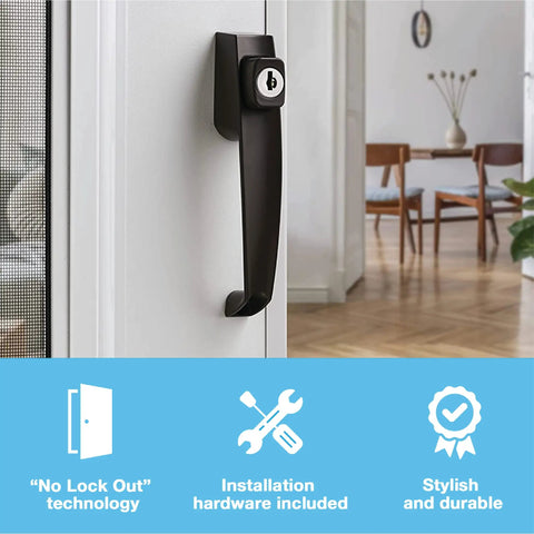 Keyed Tie Down Push Button Door Latch For Screen And Storm Doors Florida Bronze Finish No Lock Out Inside Latch Fits Out Swinging Metal And Wood Doors 0.75 To 1.25 Inches Thick Durable Easy To Install shown installed