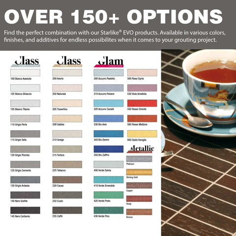 Starlike EVO Epoxy Grout selection chart with over 150 options shown with coffee cup on tiled surface.