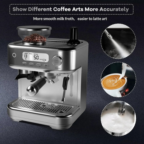 High End Semi Automatic Espresso Maker With Built-In Conical Burr Grinder, 15 Bar Pressure, Slim Profile, 77 Oz Tank, Dope Crema For Your Morning Hustle, Chill Weekend Lattes Made Simple, Sleek Silver Finish close-up with controls and coffee art features.