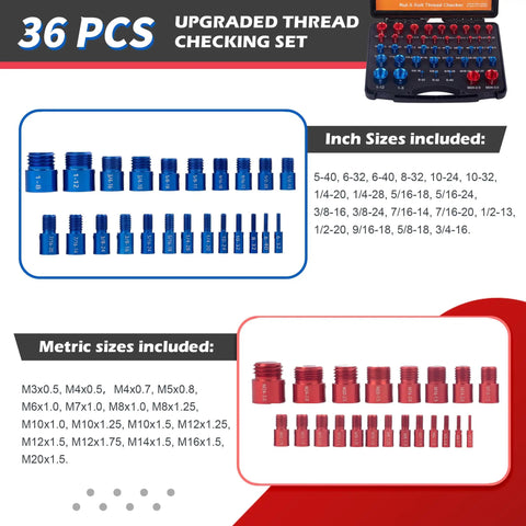 Dead Nuts Accurate Nut And Bolt Thread Checker With 36 Piece Inch And Metric Gauge Set showing inch and metric sizes layout.