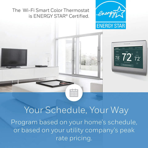 WiFi Color Thermostat With 7 Day Programmable Schedule Touch Screen And Energy Star Certification Alexa Ready displayed in living room