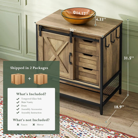 30 Inch Farmhouse Bathroom Vanity With Rustic Brown Wood Cabinet And Tempered Glass Vessel Sink Zero Stress Cleaning Rock Solid Frame and measurements.