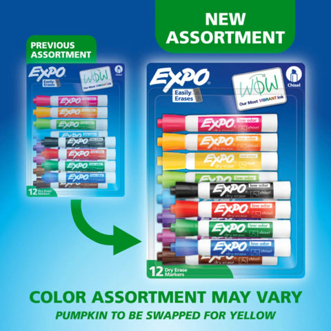 Fresh Top Shelf Dry Erase Markers With Low Odor Slick Smooth Glide Formula, Badass Durable Chisel Tips, Hella Vibrant Clean Erasable Whiteboard Pens, 12 Count Supply Stack packaging comparison showing new color assortment.