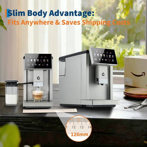 Top Shelf Espresso Coffee Maker With Handy Milk Frother And Adjustable Grinding Blades For Home Baristas Featuring Detachable Milk Tank And Sleek Silver Build, placed on a kitchen counter.
