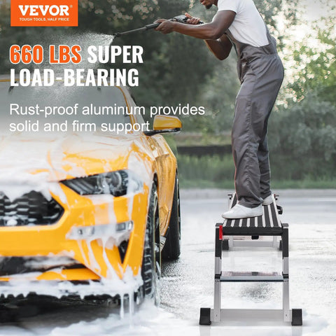 Beast Mode Foldable Aluminum Work Platform Drywall Stool Ladder Heavy Duty Workbench Non Slip Base in use for washing a car.