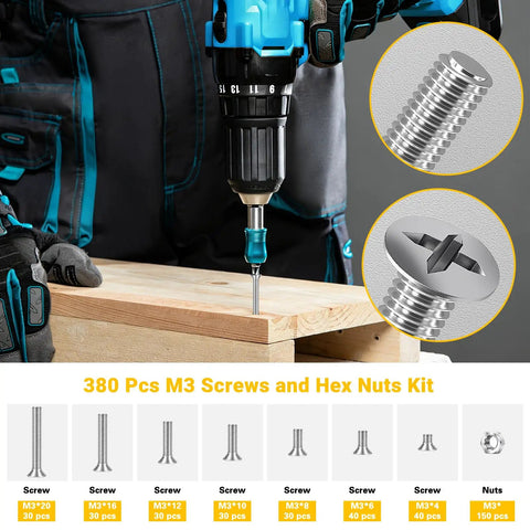 M3 Flat Head Screws And Hex Nut Kit Carbon Steel Countersunk Phillips Bolts Set with drill in wood