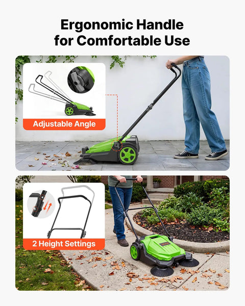 Image of VEVOR Walk-Behind Floor Sweeper With 25.6 Inches Wide Brush And Big Waste Bin in use, showing ergonomic handle and adjustable settings.