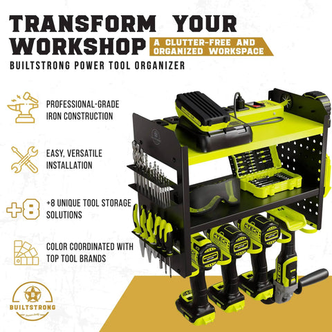 Heavy Duty Power Tool Organizer Wall Mount Rack Three Tier Steel Rock Solid Storage With Four Drill Slots Pegboard And Utility Side 100 Pound Capacity For Garage Shop And Shed, shown with tools and accessories.