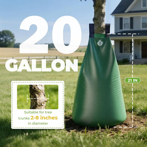 20 Gallon Tree Watering Bag 3 Pack With Easy Setup And Slow Release Over 1 To 5 Days Deep Root Auto Drip Irrigation in use on tree