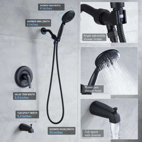 Shower Tub Kit With Valve Included Five Setting Handheld Shower Head And Tub Spout Single Handle Tub And Shower Trim Kit DIY Friendly Matte Black Finish Brass Valve Body With Pressure Balance For Safe And Consistent Water Temperature showing detailed features.
