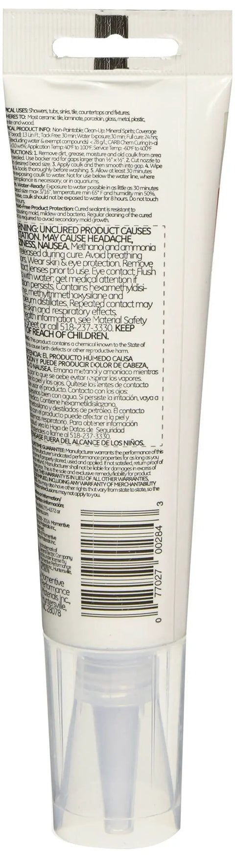 Back view of packaging with text for Advanced Silicone Kitchen And Bath Sealant 2.8 Oz Clear Mold Busting Odor Blocking Mildew Guard.