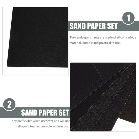 Nine Piece Sanding Paper Assortment With Diverse Grits For Wet Or Dry Polishing Metal Wood And Glass Crafts showing flexible black silicon carbide sheets.