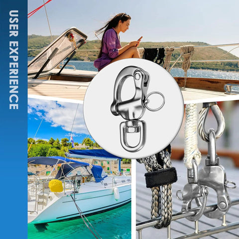 Built Tough 316 Stainless Steel Quick Release Snap Shackle Heavy Duty Marine Hardware For Boat Rigging And Towing 880 Pound Working Load 2 Pack close-up on sailboat rigging.