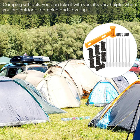 Heavy Duty Tent Stakes and Pegs Kit with Windproof Ropes and Hammer Storage Bag Included for camping tents in field