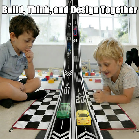 Two kids playing with Ultra Long 16.4-Foot Flexible Race Track For Kids 3 And Up, Dual Lane Roll-Up Set indoors.