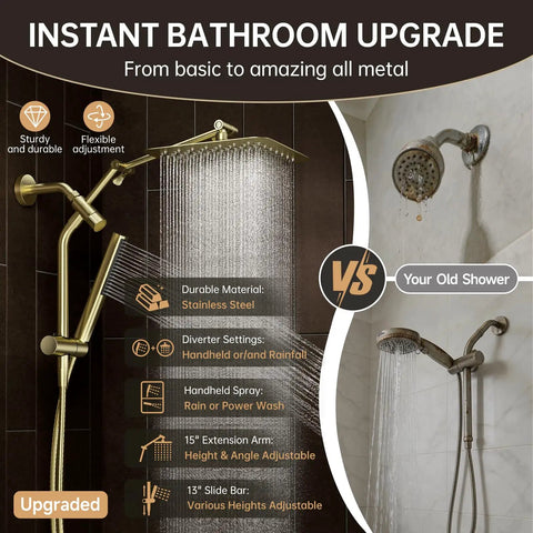 Top Grade 10 Inch Brushed Gold Rainfall Shower Head With Adjustable Handheld Sprayer Heavy Duty All Metal Build Smooth High Pressure Flow Zero Fluff Bathroom Upgrade image showing sturdy shower system with rainfall and handheld options.