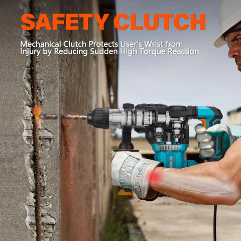 Person using 1-1/4 Inch SDS-Plus Rotary Hammer Drill With Vibration Control And Safety Clutch for drilling into concrete wall.