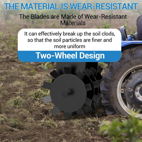 Close-up of 32 Inch Disc Plow Harrow With Two Inch Receiver for Tractor and ATV showing two-wheel design and wear-resistant blades