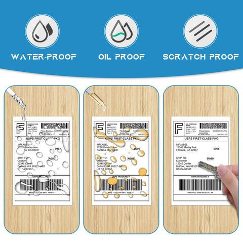 Direct Thermal Shipping Labels Four By Six Inches showing waterproof, oil proof, and scratch proof features on a wooden background.