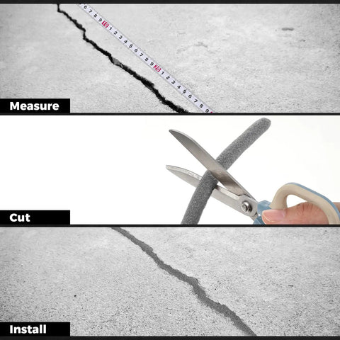 Heavy Duty Foam Backer Rod Half Inch Diameter By 100 Feet Gray Roll being measured, cut, and installed in a concrete crack.