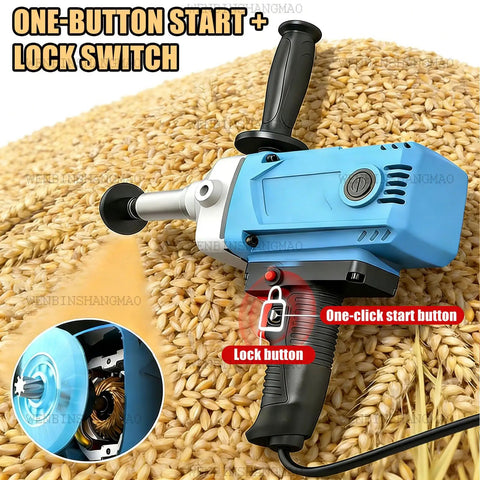 Powerhouse 2000W Industrial Electric Screw Conveyor with lock switch, highlighted one-click start button, on grain bed
