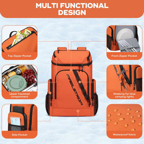 Insulated Cooler Backpack For 36 Cans Keeps Drinks Cold Up To 16 Hours with pockets and waterproof fabric features.