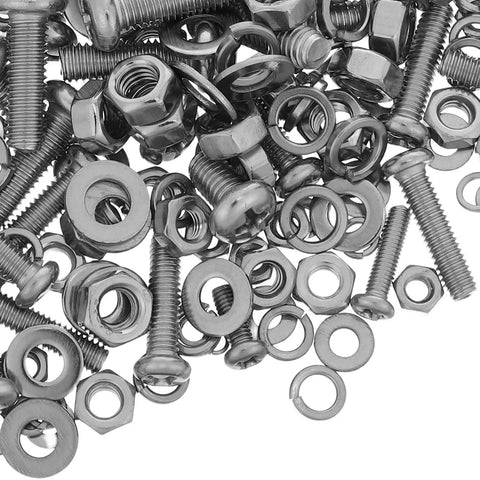 Solid Stainless Steel 108 Piece Machine Screw Nuts And Washers Assortment Kit Bolts Flat Hardware scattered in a neat pile.