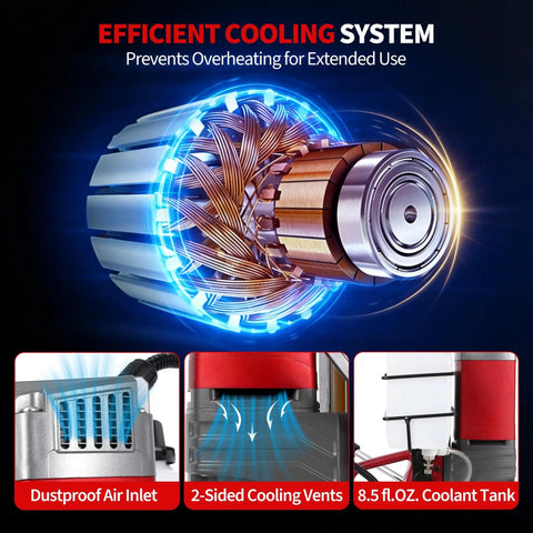 Beast Magnetic Drill Press cooling system with dustproof air inlet, 2-sided cooling vents, and 8.5 fl. oz. coolant tank