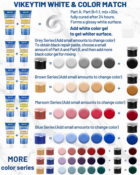 Tile, Marble And Granite Repair Kit Color Match For Quartz Countertops 160g 5.64oz White Paste With 5 Color Gels for repair