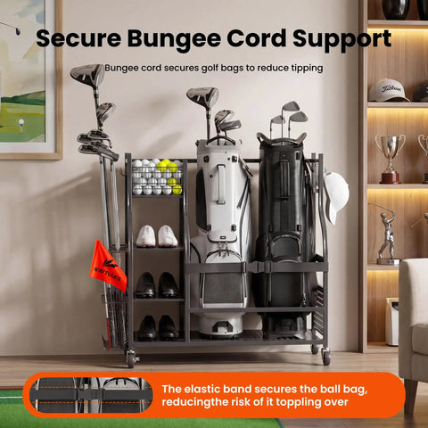 Heavy Duty Golf Bag Storage Rack For Garage With 3 Tier Organizer Holds 2 Golf Bags Plus Clubs Shoes Balls And Accessories Metal Golf Gear Storage Stand showing secure bungee cord support